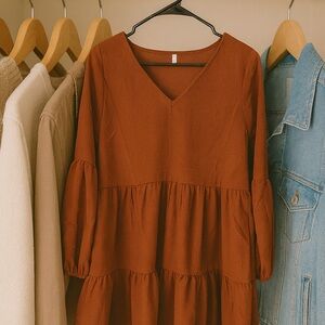 Casual Long Sleeve Brown Dress Tiered Oversized